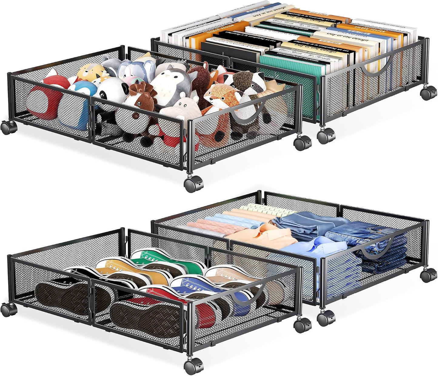 Yecaye Under Bed Storage with Wheels, 2 Pack Under Bed Shoe Storage Organizer Drawer, Tool-free Assembly Metal Underbed Storage Containers for Clothes, Shoes, Toys, Black