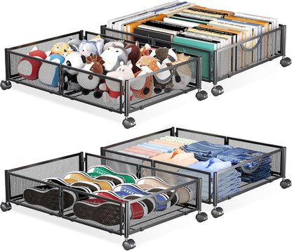 Yecaye Under Bed Storage with Wheels, 2 Pack Under Bed Shoe Storage Organizer Drawer, Tool-free Assembly Metal Underbed Storage Containers for Clothes, Shoes, Toys, Black