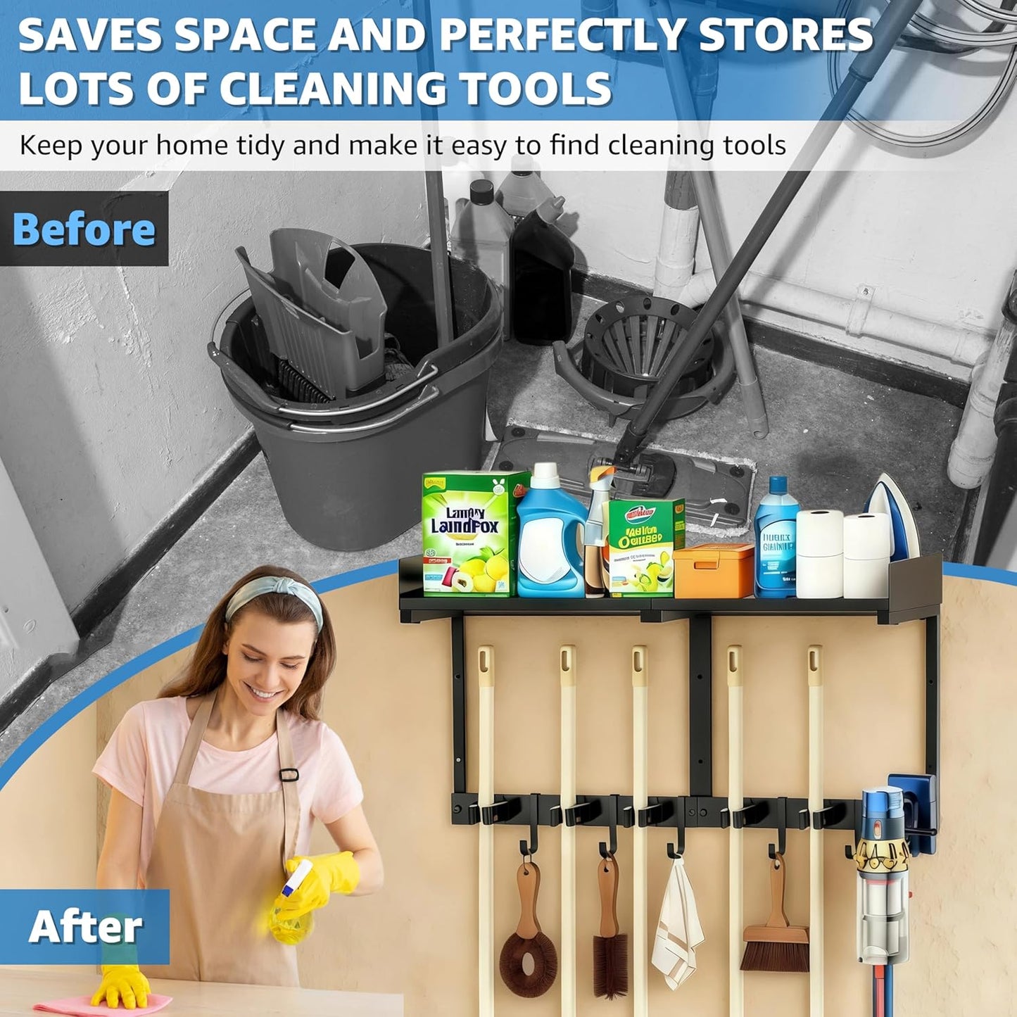 HUFAND Broom Holder Wall Mount, 27" Large Mop and Broom Organizer Wall Hanging with Top Storage Shelf & Vacuum Hook, Heavy Duty Iron Utility Rack for Laundry Room, Garage, Kitchen, Garden - Black