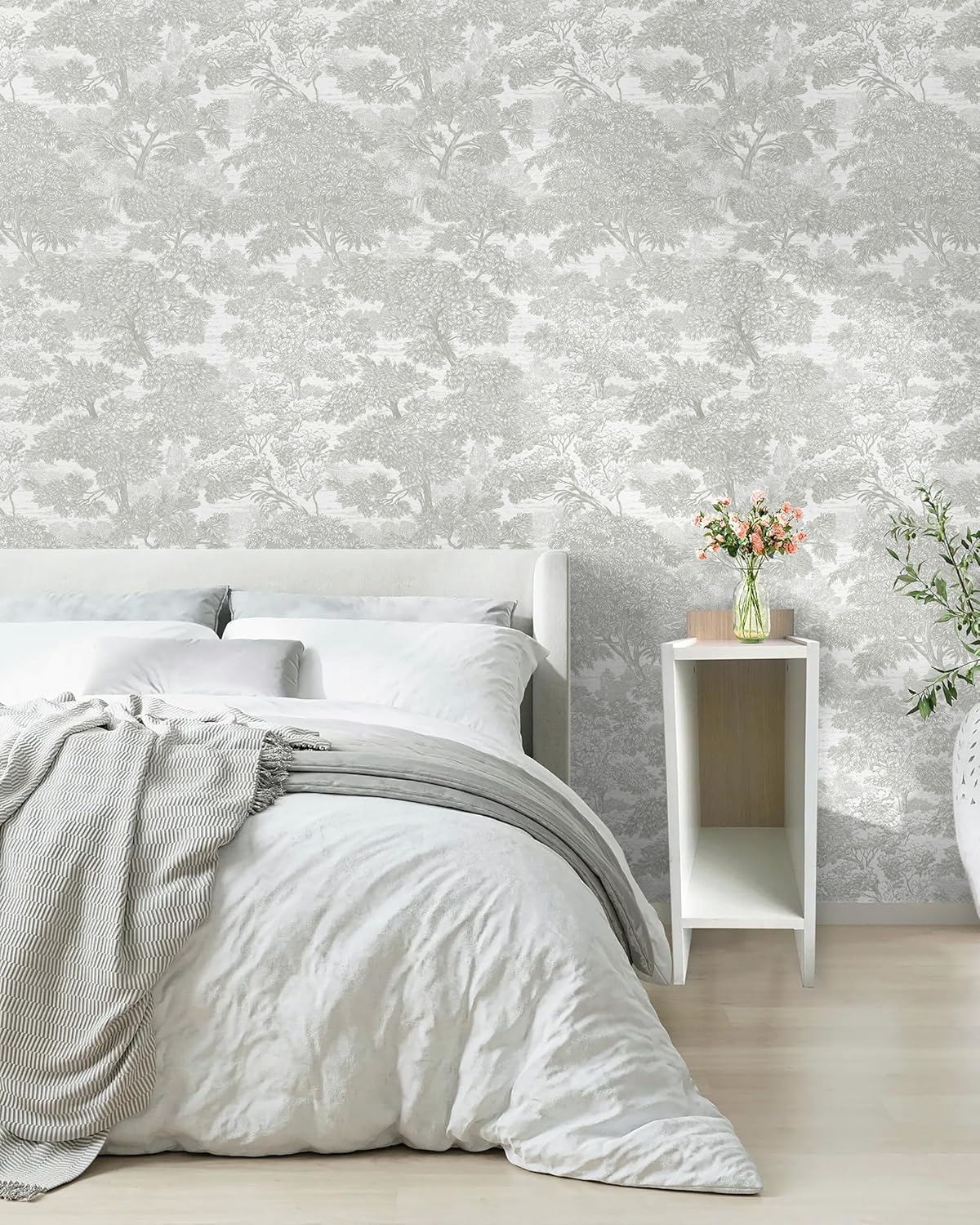 Safiyya Peel and Stick Wallpaper Beige Forest Contact Paper 17.3" x 118" Vintage Tree Wall Paper Renter Friendly Self Adhesive Removable Wallpaper for Bathroom Vinyl Off-White