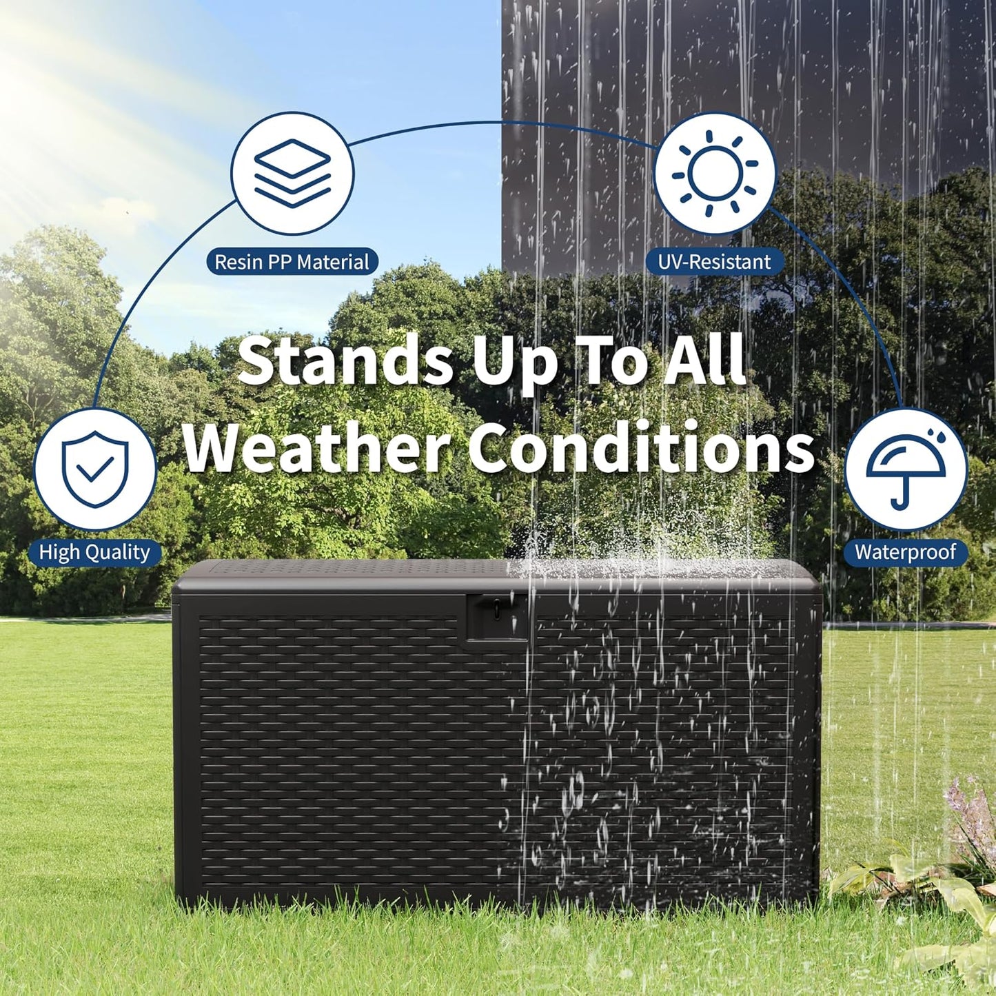 99 gal Blow-Molded Outdoor Storage Box, Waterproof UV Resistant Lockable Deck Box, Patio Garden Storage Bench Cabinet, Outdoor Toy Tool Organizer Bin with Lid for Pool Accessories Outdoor Furniture