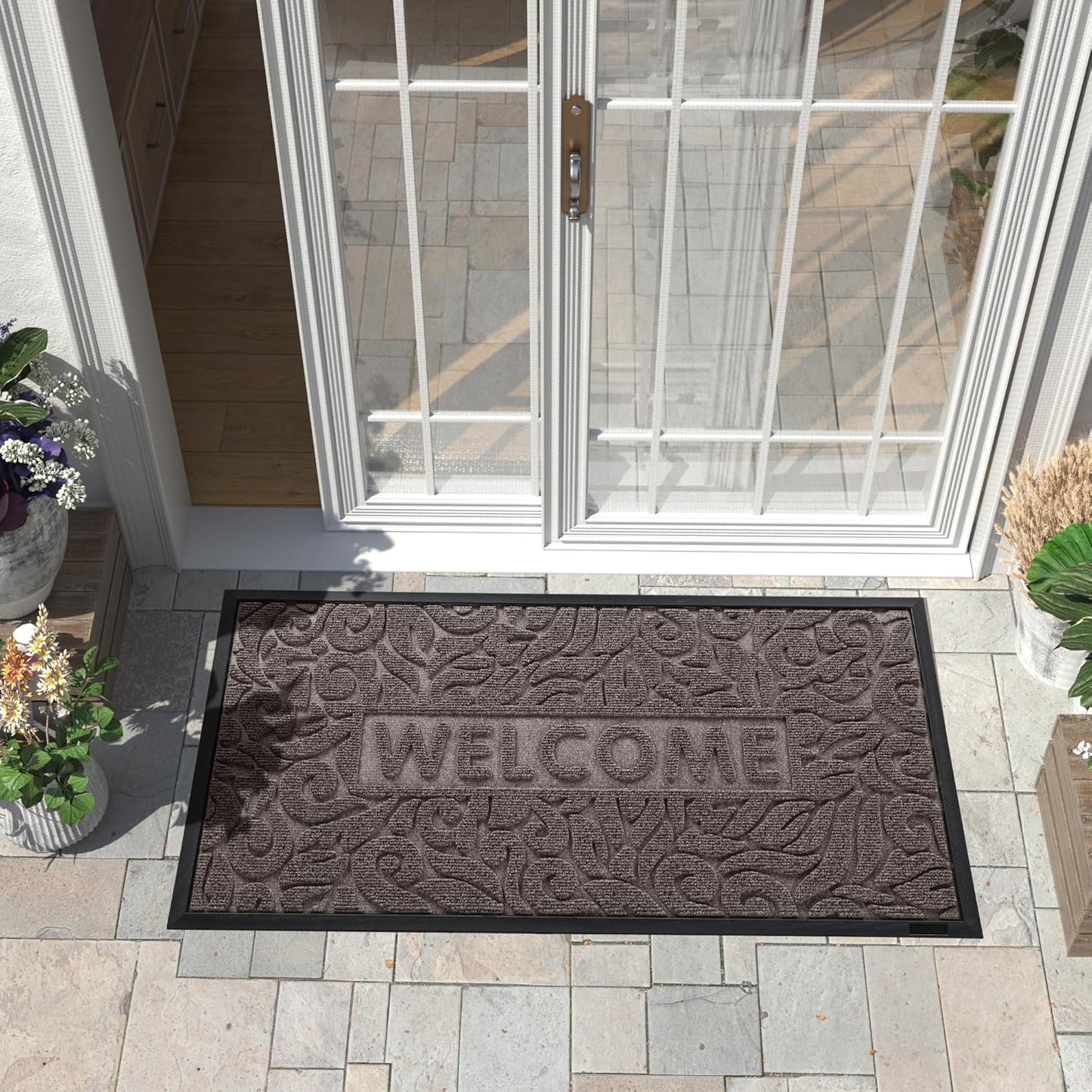 Yimobra Welcome Mat Outdoor 29.5x17, Waterproof Non-Slip Outdoor Mats for Front Door Outside Entrance, Low-Profile Entryway Mat Indoor for Garage Patio, Black