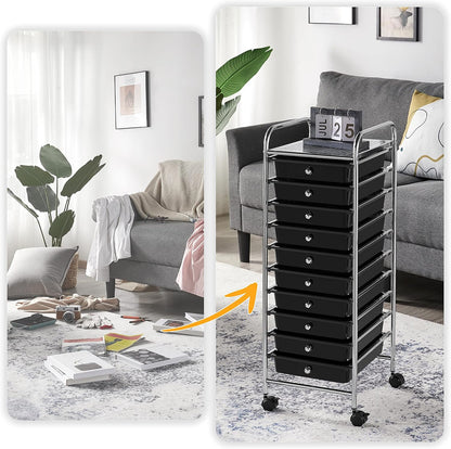 Yaheetech 4-Drawer Rolling Storage Cart with Wheels, Slim Organizer, Black | Four drawers plus a top shelf organize craft to bath gear; slim chrome-steel frame, plastic bins, locking wheels, easy setup.