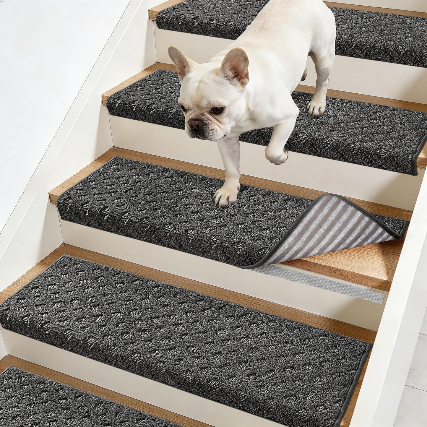 JSEI Bullnose Carpet Stair Treads, 14 Pcs Non Slip Stair Treads for Wooden Steps Indoor with TPE Backing, 11" x 30" Machine Washable Stair Runners with Edge Protection for Kids, Elders and Pets, Beige