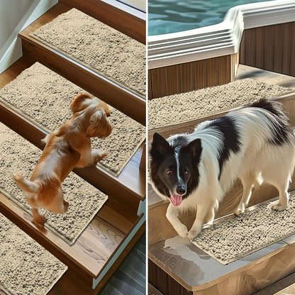 Muddy Mat® Pack of 4 - Soft Chenille Stair Treads Non-Slip Reusable, Super Absorbent Stair Treads for Wooden Steps, Tile & Marble Floor, Easy to Install & Machine Washable - Brown 30'' x 7''