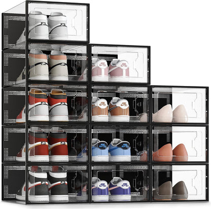 SEE SPRING 12 Pack Shoe Storage Box, Clear Plastic Stackable Shoe Organizer for Closet, Space Saving Foldable Shoe Rack Sneaker Container Bin Holder