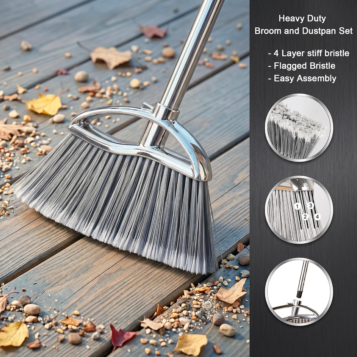 Stand Up Metal Dustpan & Stiff Bristle Broom Set–Heavy Duty for Yard, Patio | No-bend stand up design / Heavy duty metal dustpan with teeth / 4-layer stiff Bristle broom / For outdoor floor sweeping
