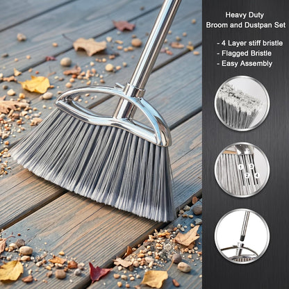 Stand Up Metal Dustpan & Stiff Bristle Broom Set–Heavy Duty for Yard, Patio | No-bend stand up design / Heavy duty metal dustpan with teeth / 4-layer stiff Bristle broom / For outdoor floor sweeping