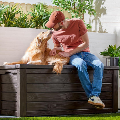 Keter 150 Gallon Resin Large Deck Box Organization and Storage Box for Patio, Outdoor Cushions, Garden Tools, Brown | Hydraulic Pistons, Resin, Weatherproof