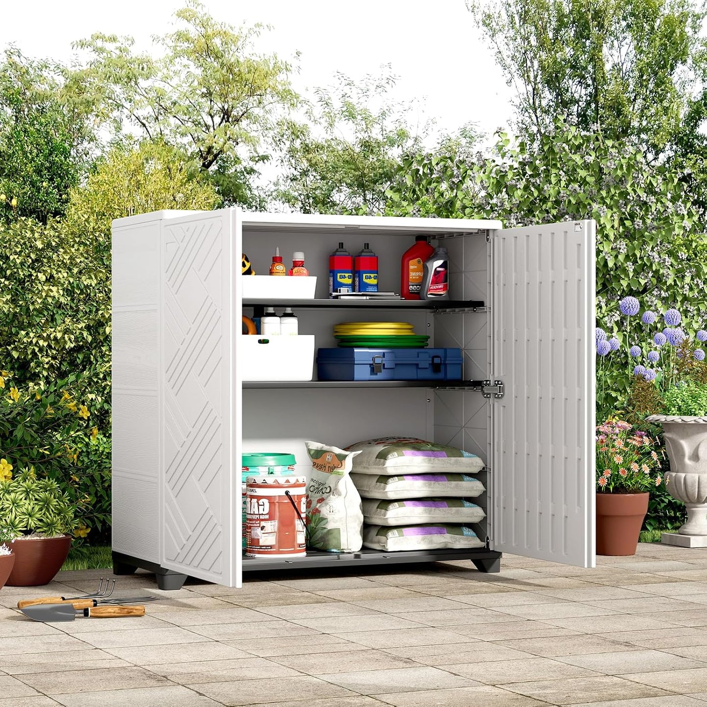 ZZM Indoor/Outdoor Storage Cabinet Waterproof, 34"x15"x34" Plastic Outdoor Storage Box for Garden Balcony Bathroom, All Weather Outdoor Storage Clearance, DIY Usage, with 2 Shelf (Black)