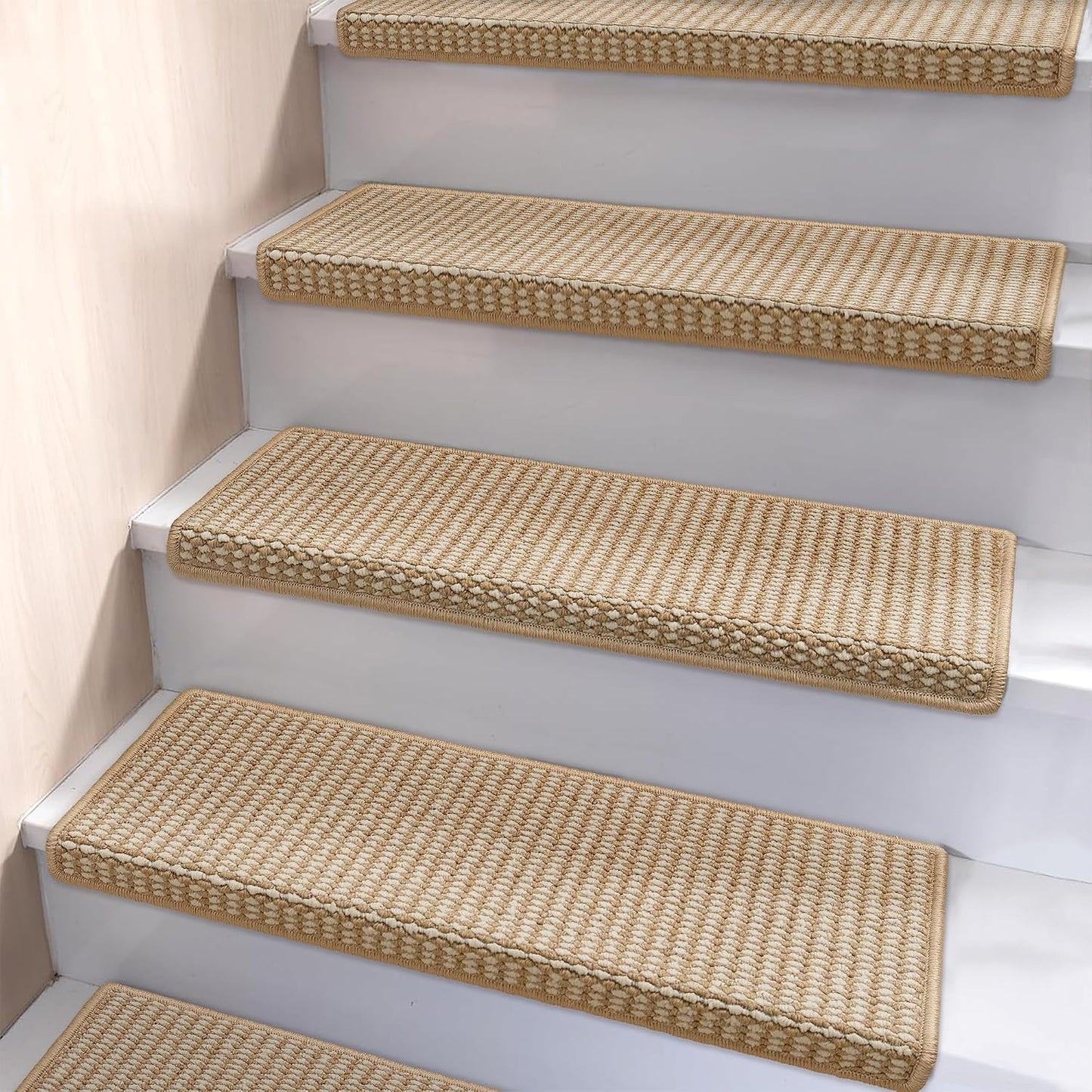Brakki Bullnose Carpet Stair Treads, Non Slip Stair Treads for Wooden Steps Indoor, Stair Runner, Soft Stair Rugs, Edging Stair Protectors, Washable, 29.5"x9.5"x1.5" 14pcs, Beige