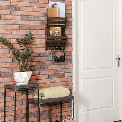BTY Mail Sorter Wall Mounted, Wooden Mail Holder with 4 Key Hooks, 2 Slot Letter Bills Newspaper Magazine Organizer for Entryroom Hallway Office Garage, Gray White