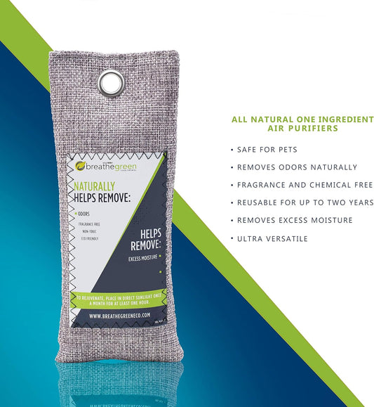 Breathe Green Charcoal Shoe Odor Eliminator Bags (8-Pack) | Activated Bamboo Charcoal Shoe Deodorizer | Natural Air Freshener Helps Remove Odors & Moisture | Odor Eliminator for Car, Closet, Gym Bag,