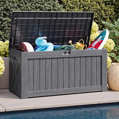 JUMMICO 31 Gallon Resin Deck Box Waterproof Indoor Outdoor Storage Boxes for Patio Furniture Cushions and Garden Tools (Brown)