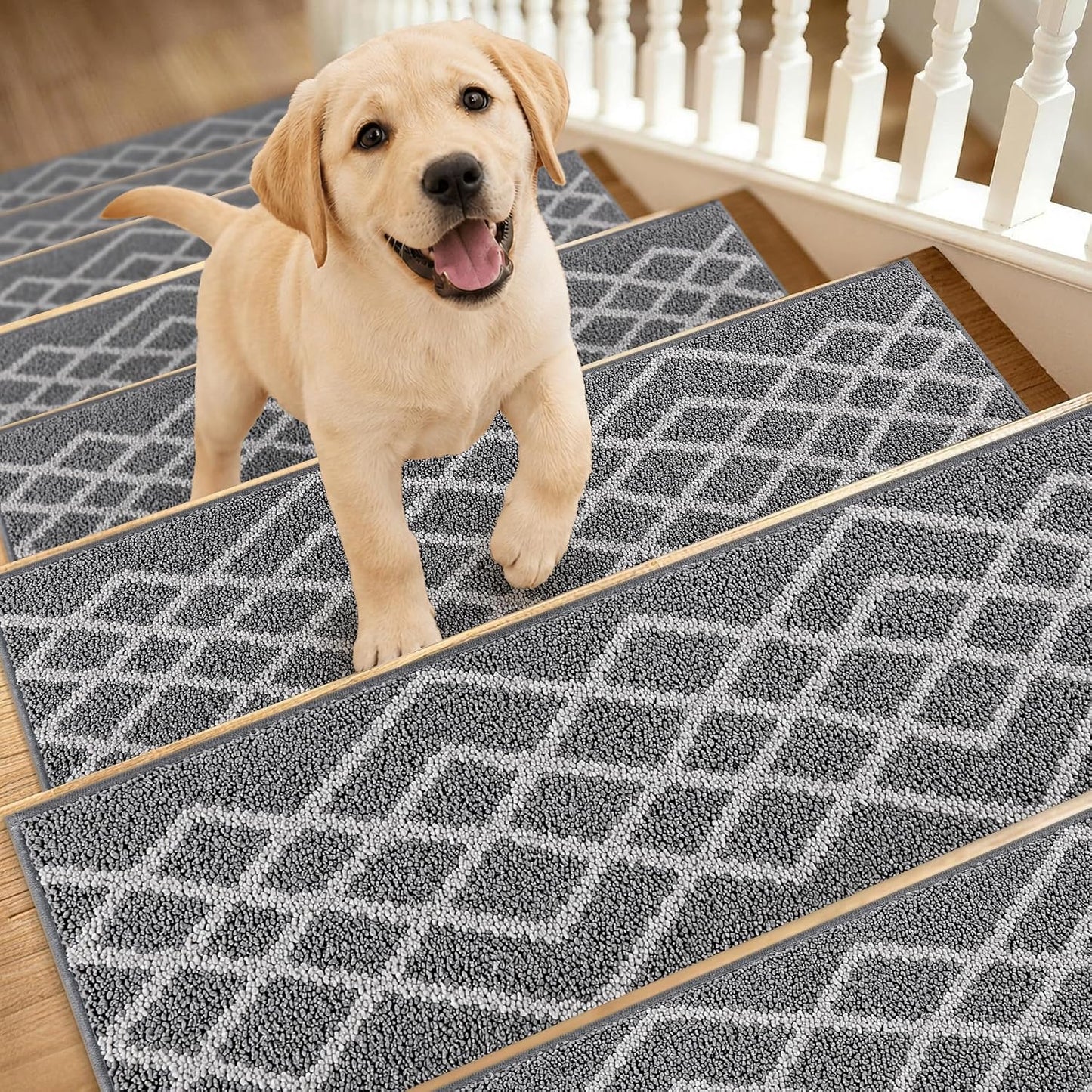 COSY HOMEER Soft Stair Treads Non-Slip Carpet Mat 28inX9in Indoor Stair Runners for Wooden Steps,Stair Rugs for Kids and Dogs, 100% Polyester TPE Backing 7pcs,Black,Rhombus