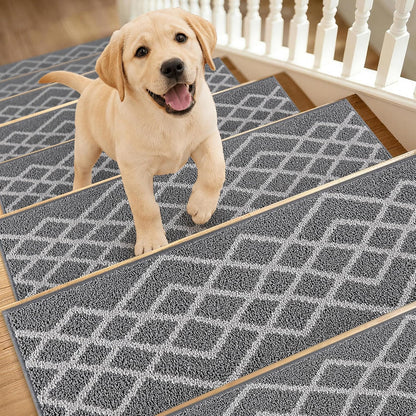 COSY HOMEER Soft Stair Treads Non-Slip Carpet Mat 28inX9in Indoor Stair Runners for Wooden Steps,Stair Rugs for Kids and Dogs, 100% Polyester TPE Backing 7pcs,Black,Rhombus
