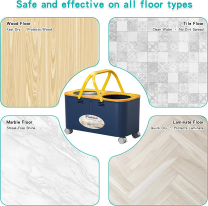 Compact Spin Mop and Bucket with Clean & Dirty Water System, Floor Mop with 360° Swivel Wheels, 61" Handle, 6 Reusable Mop Heads for for Wood, Tile, Vinyl, Baseboards- Blue/Yellow
