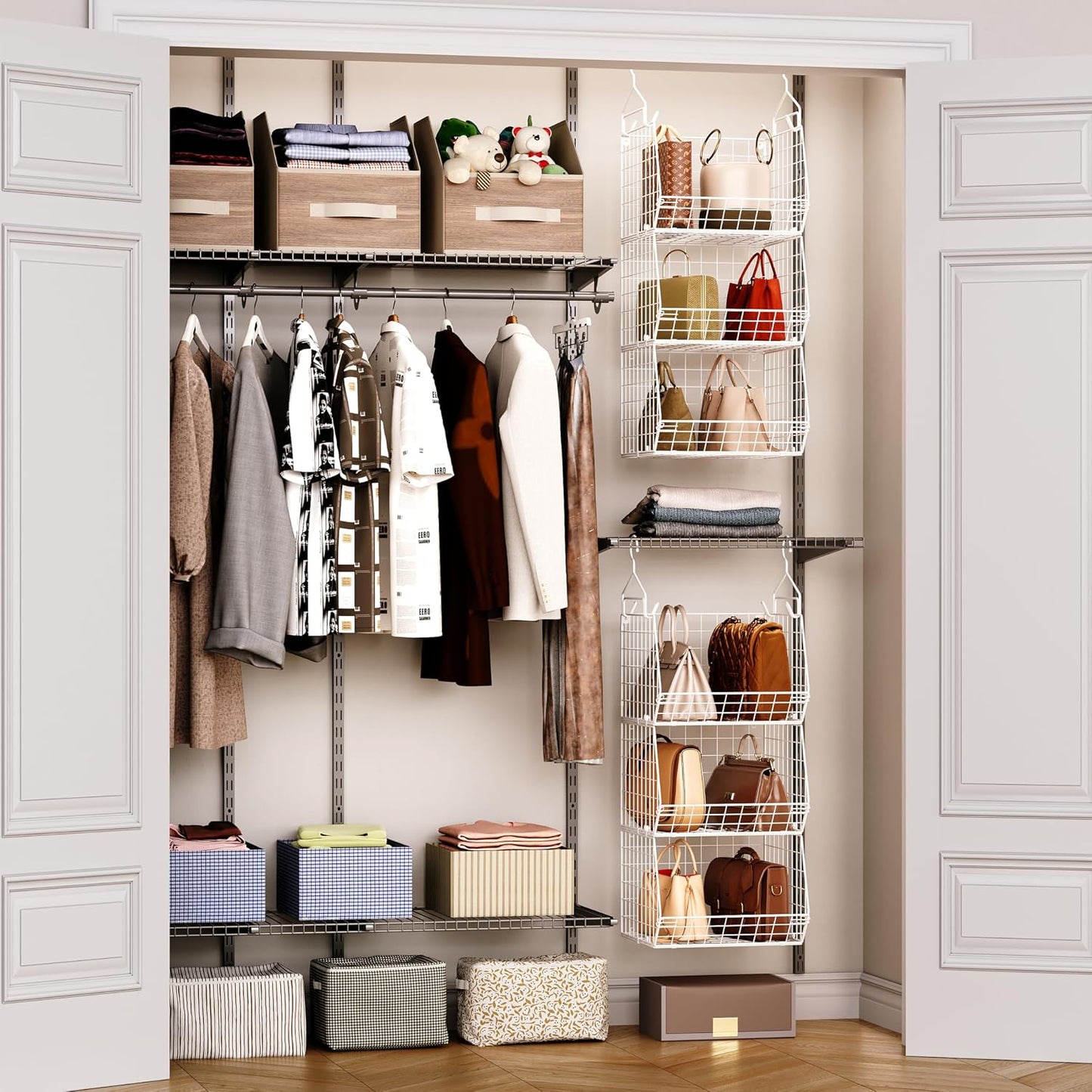 X-cosrack 3-Tier Hanging Closet Organizer, Laundry Room Organization | Space Saving Shelves with 1.65" Hook & 5 S-Hooks | Hanging Wire Baskets (12.4" W x 8.8" H x 10.24-11.8" D)