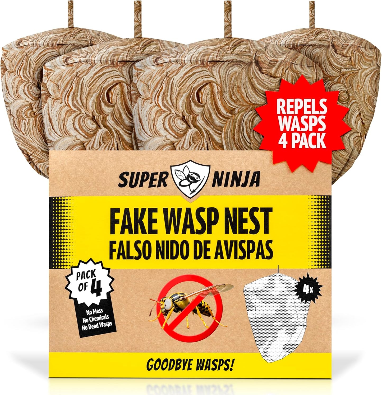 Super Ninja Fake Wasp Nest - 2 Pack, Wasp Nest Decoy for Outdoor Hanging, Yellow Jackets & Bee Repellent Outdoor, Waterproof & Tear-Resistant Deterrent for Patio & Garden