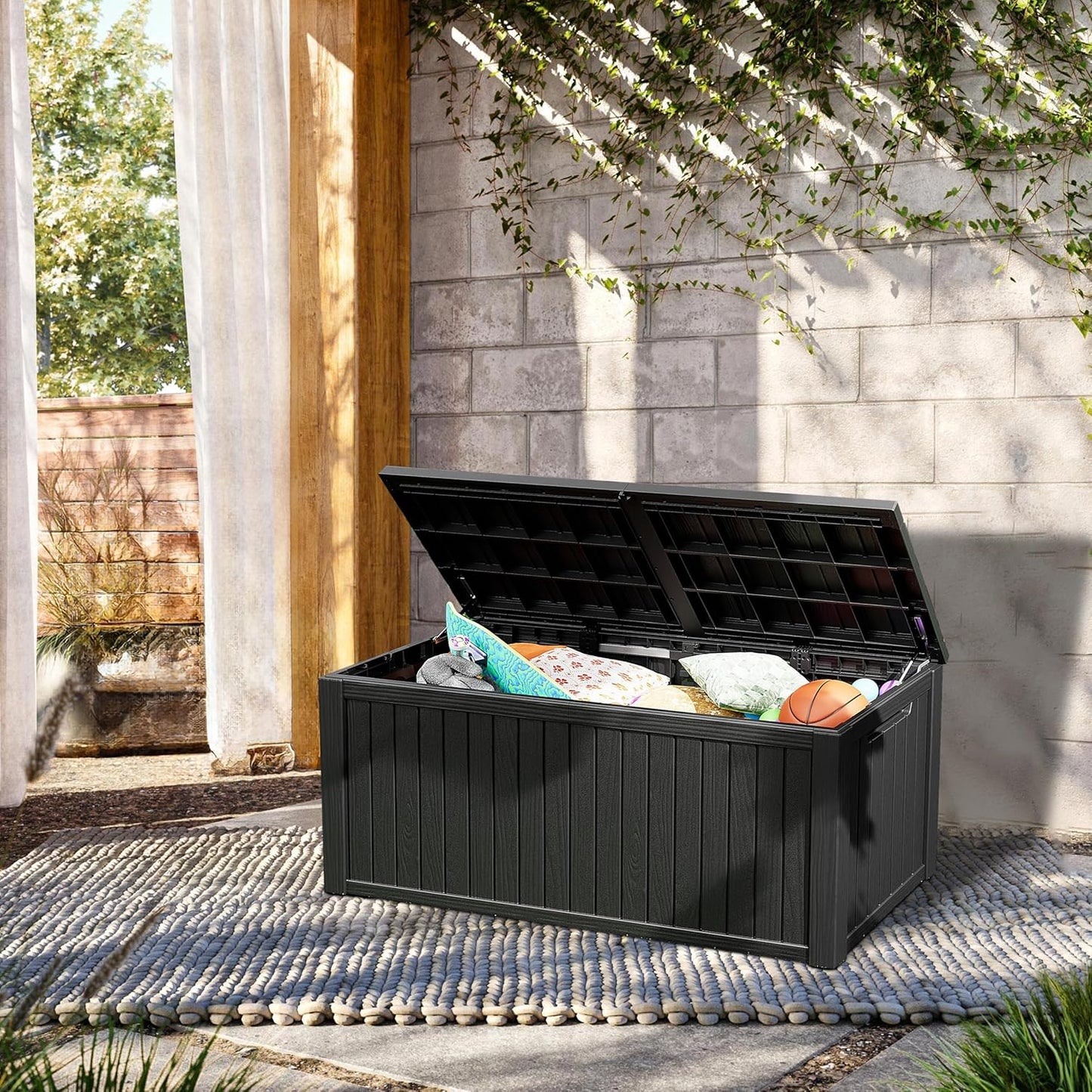 200 Gallon Deck Boxes Outdoor Waterproof, Outdoor Storage Box with Lockable Lid & UV-Resistant for Patio Furniture, Outdoor Cushions, Garden Tools and Pool Supplies, Light Brown