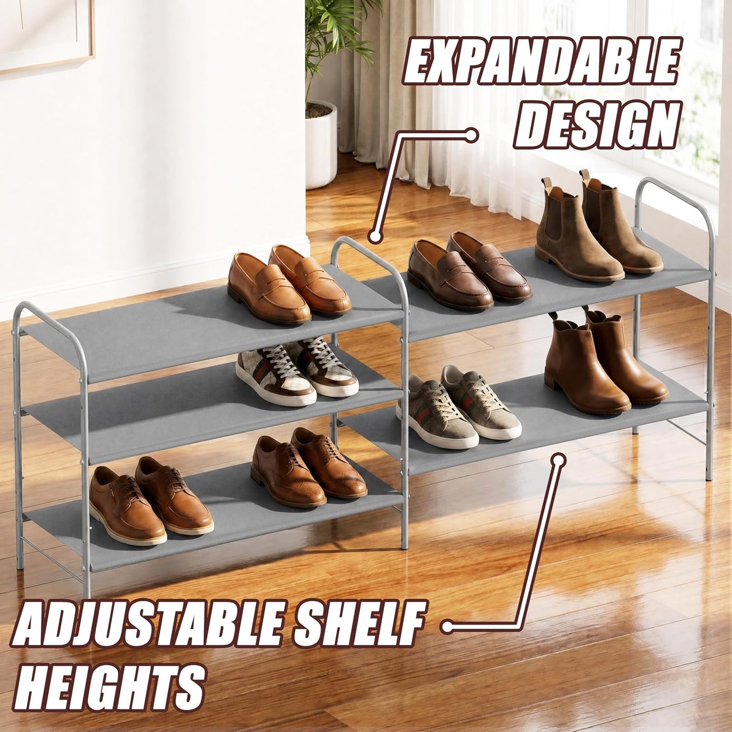 Simple Houseware 3-Tier Shoe Rack Storage Organizer, Grey – Space-Saving Shoe Shelf, Holds 9–16 Pairs, Sturdy Metal Frame, Easy Assembly – Closet, Entryway, Bedroom Shoe Storage Solution