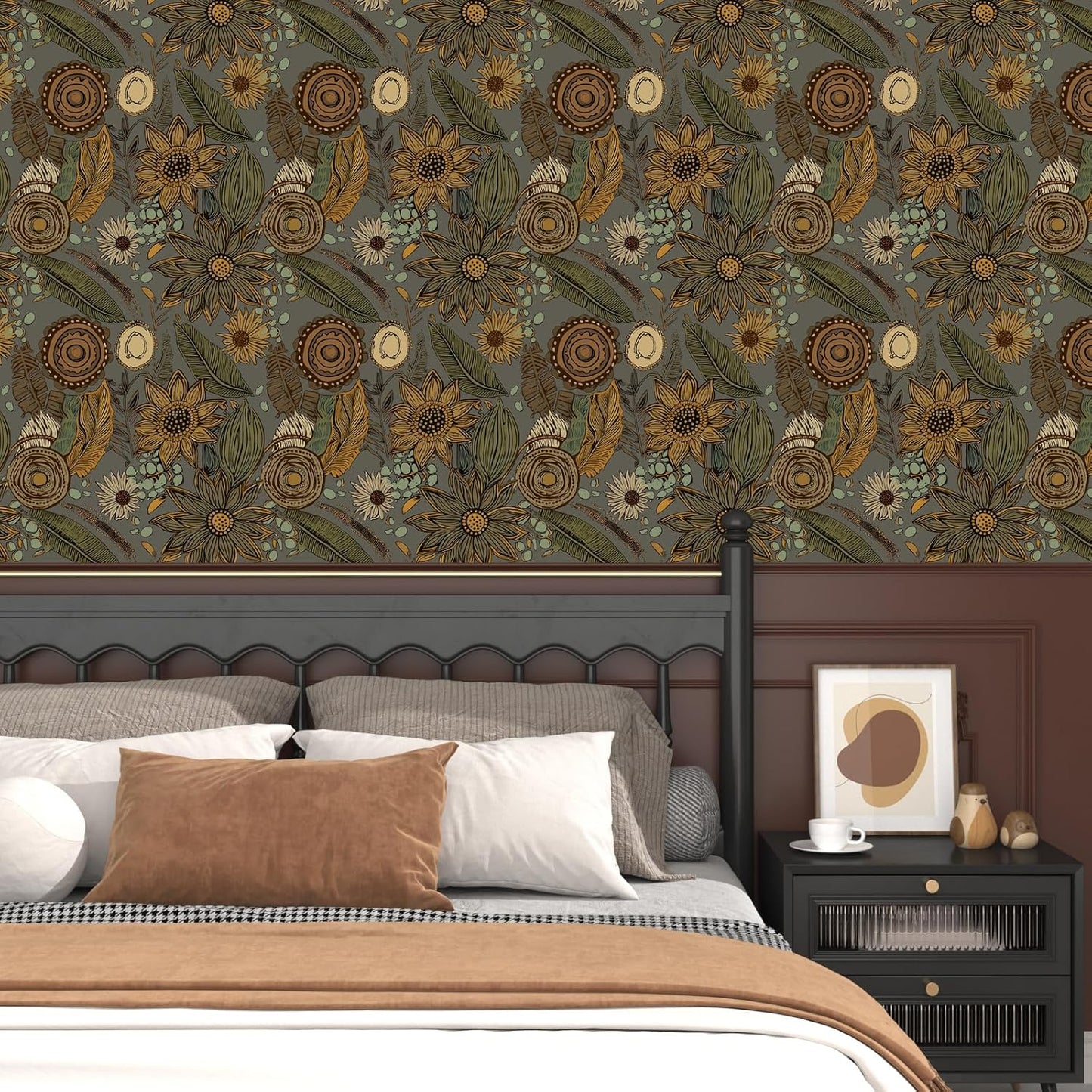Blue Wallpaper Peel and Stick,Vintage Boho Floral Contact Paper 17.5" x 118", Retro Botanical Flower Wall Paper Self Adhesive Removable Waterproof for Walls Shelves Cabinet Table (Blue,Yellow, Green)