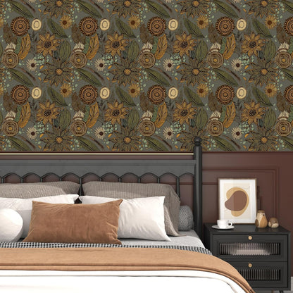 Blue Wallpaper Peel and Stick,Vintage Boho Floral Contact Paper 17.5" x 118", Retro Botanical Flower Wall Paper Self Adhesive Removable Waterproof for Walls Shelves Cabinet Table (Blue,Yellow, Green)
