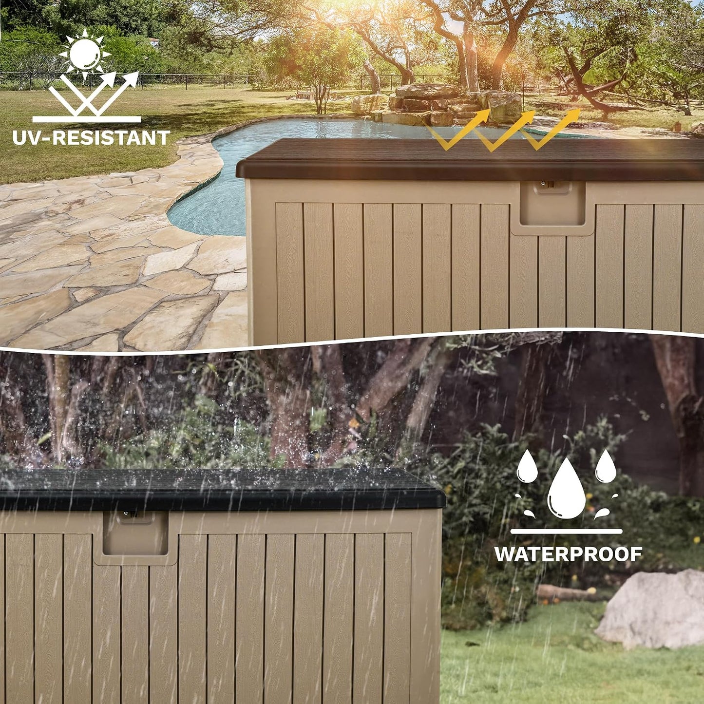 DWVO 100 Gallon Outdoor Storage Box, Large Deck Box Lockable Waterproof and UV Resistant Resin for Gardening Tools, Pool Supplies, Patio Cushions (Black)