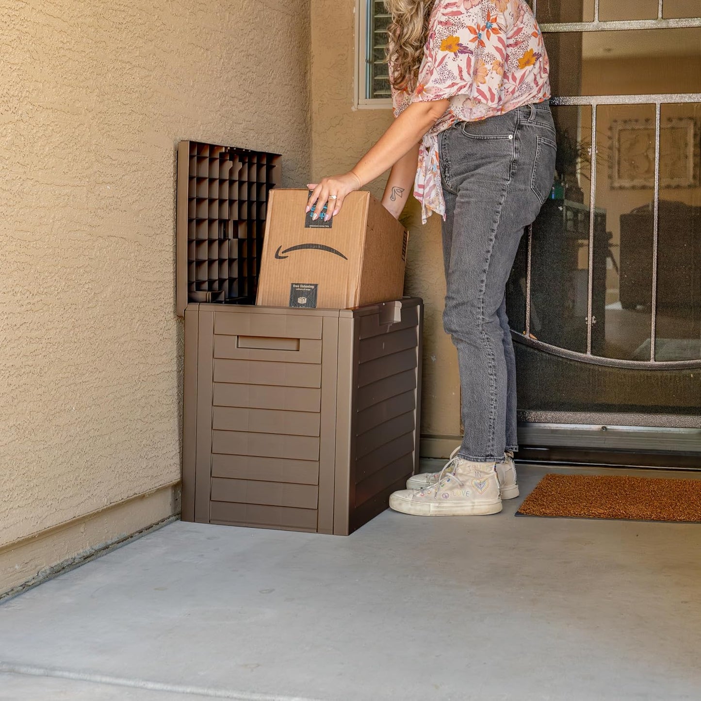 IRIS USA 35-Gallon Outdoor Deck Delivery Storage Box, Lockable & UV-Protected, Weather-Resistant Patio Storage for Cushions, Garden Tools & Packages, Waterproof Resin, Durable & Stylish Design - Beige
