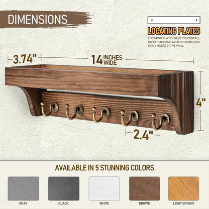 Rebee Vision Farmhouse Key Holder for Wall - Decorative Wooden Mail Organizer with 5 Rustic Key Hooks and Floating Shelf for Home Decor, Hallway, Entryway, Appartment (Retro Brown)