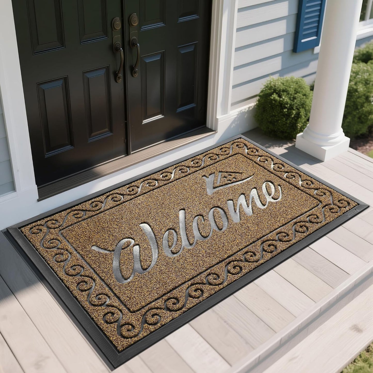 Yimobra Welcome Mat, Heavy Duty Sturdy Door Mats for Home Entrance Outdoor Indoor, Front Doormat for Outside Patio Floor Entry Porch Garage Office, Waterproof, Low Profile, 29.5x17, Black Grey