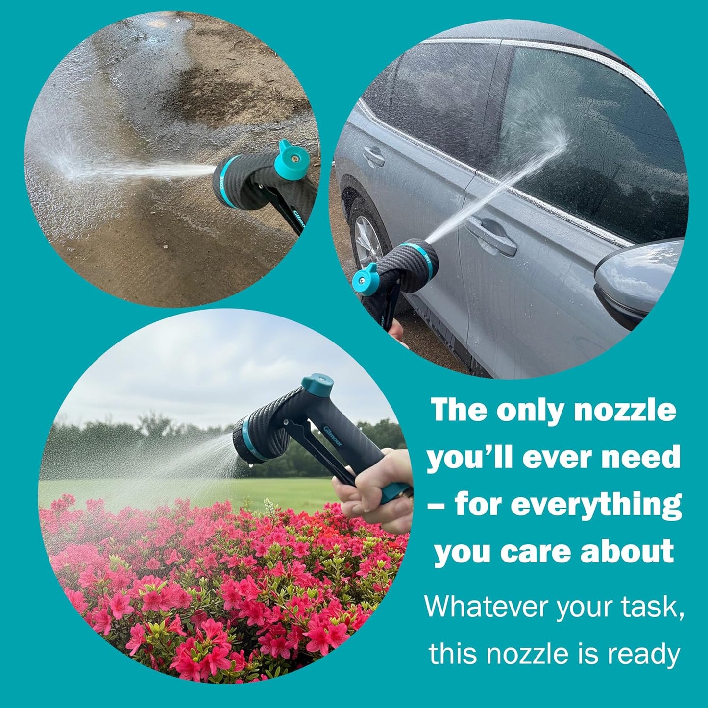 Gilmour Heavy Duty Garden Hose Nozzle, Swivel Connect, 5 Spray Patterns, Ergonomic Grip, Flow Control, Trigger Lock, Thumb Control