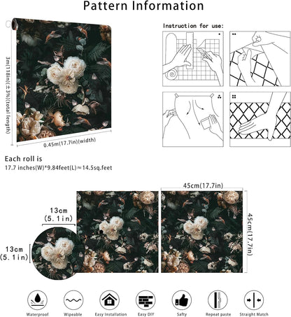 Floralplus Peel and Stick Wallpaper Removable Dark Floral Wallpaper 17.5 x 393 in Renter Friendly Wallpapers for Bedroom Accent Wall Black Floral Contact Paper Flower Wall Mural