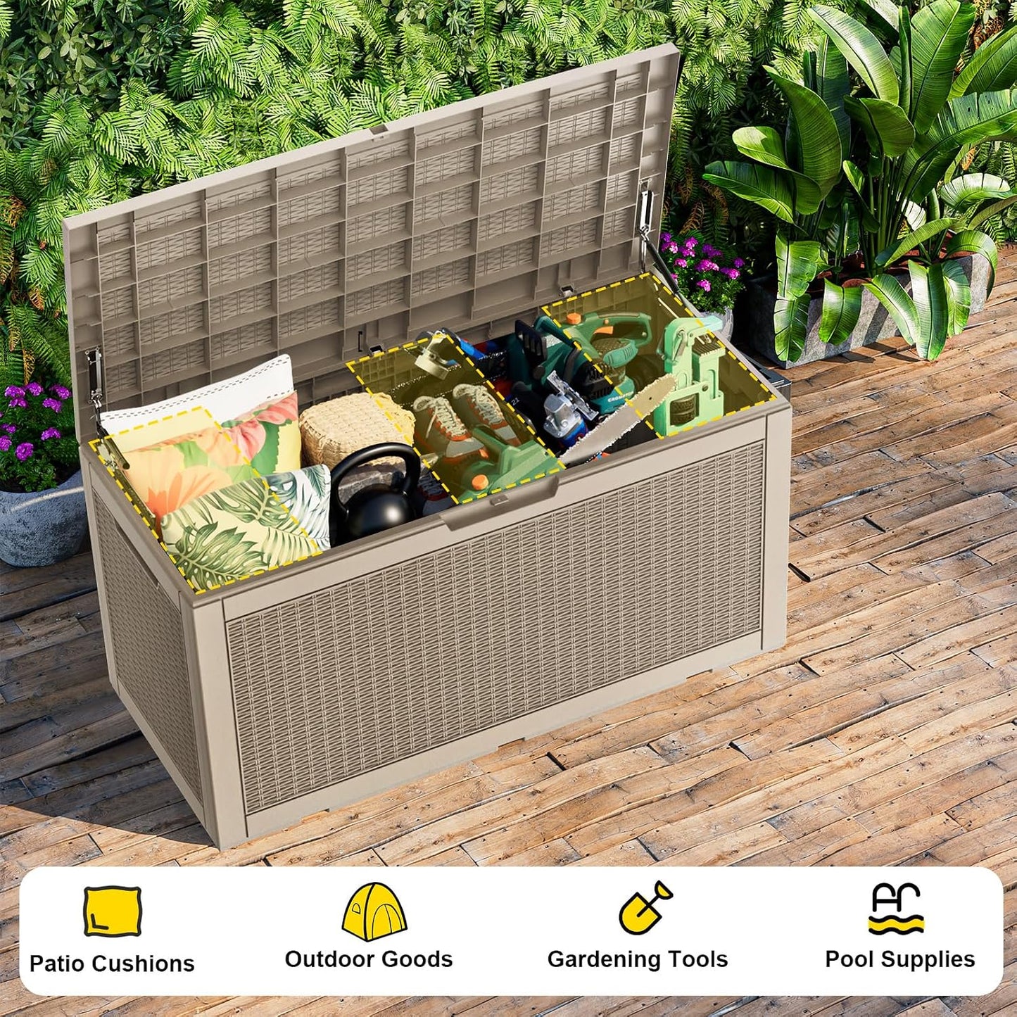 ROJIK 340 Gallon Deck Box Outdoor Waterproof,Weatherproof Outdoor Storage Boxes Lockable with Lid,Outside Resin Storage Bench for Patio Cushions,Garden Tools and Pool Accessories(Black)