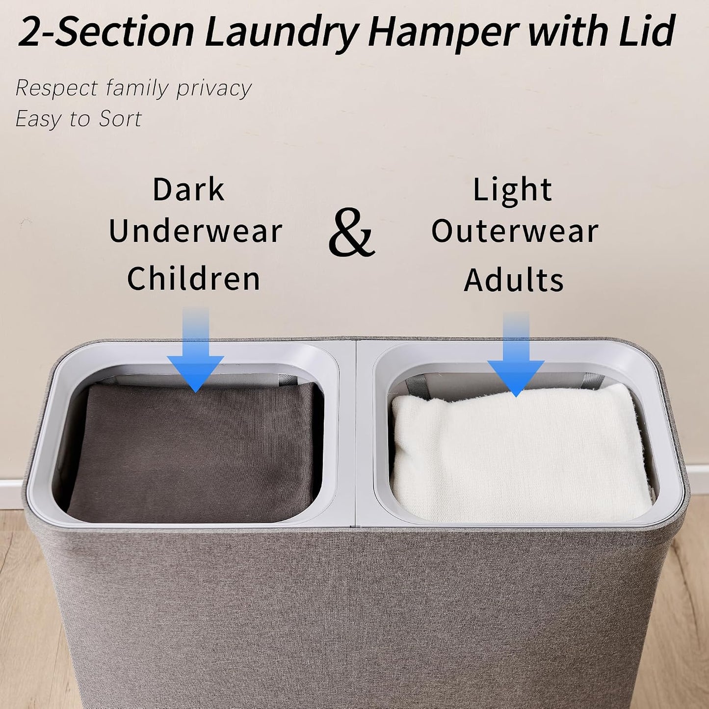 150L Laundry Hamper with Lid, 2 Compartment Sorter for Bedroom | Dual Basket for Dirty Clothes, Removable Bags, Sturdy for Laundry Room