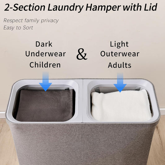 150L Laundry Hamper with Lid, 2 Compartment Sorter for Bedroom | Dual Basket for Dirty Clothes, Removable Bags, Sturdy for Laundry Room
