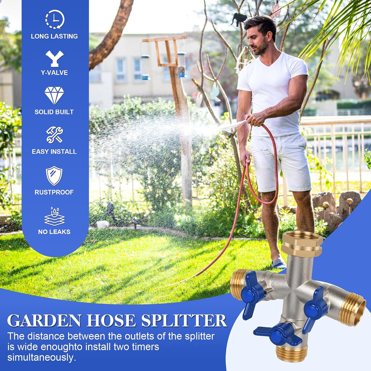 EJW Hose Splitter, 2 Way Hose Splitter, Garden Hose Splitters,Faucet Splitters, Outdoor Faucet Splitter, 2 Way Hose Connector,Brass Splitter, 3/4” GHT Threads.