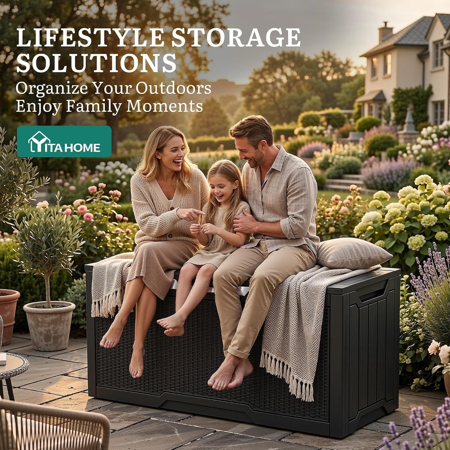 YITAHOME 100 Gallon Large Outdoor Deck Box | Waterproof Resin Storage Box, Lockable Indoor Outdoor Storage Container for Patio Furniture Cushions, Pool Accessories