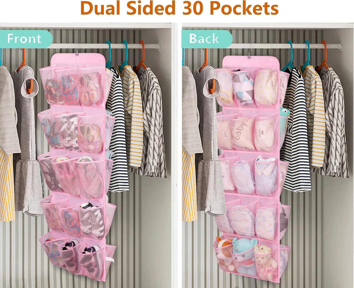 MISSLO 30 Large Pockets Dual Sided Hanging Shoe Organizer for Closet with Rotating Hanger Hanging Shoe Shelves, Grey