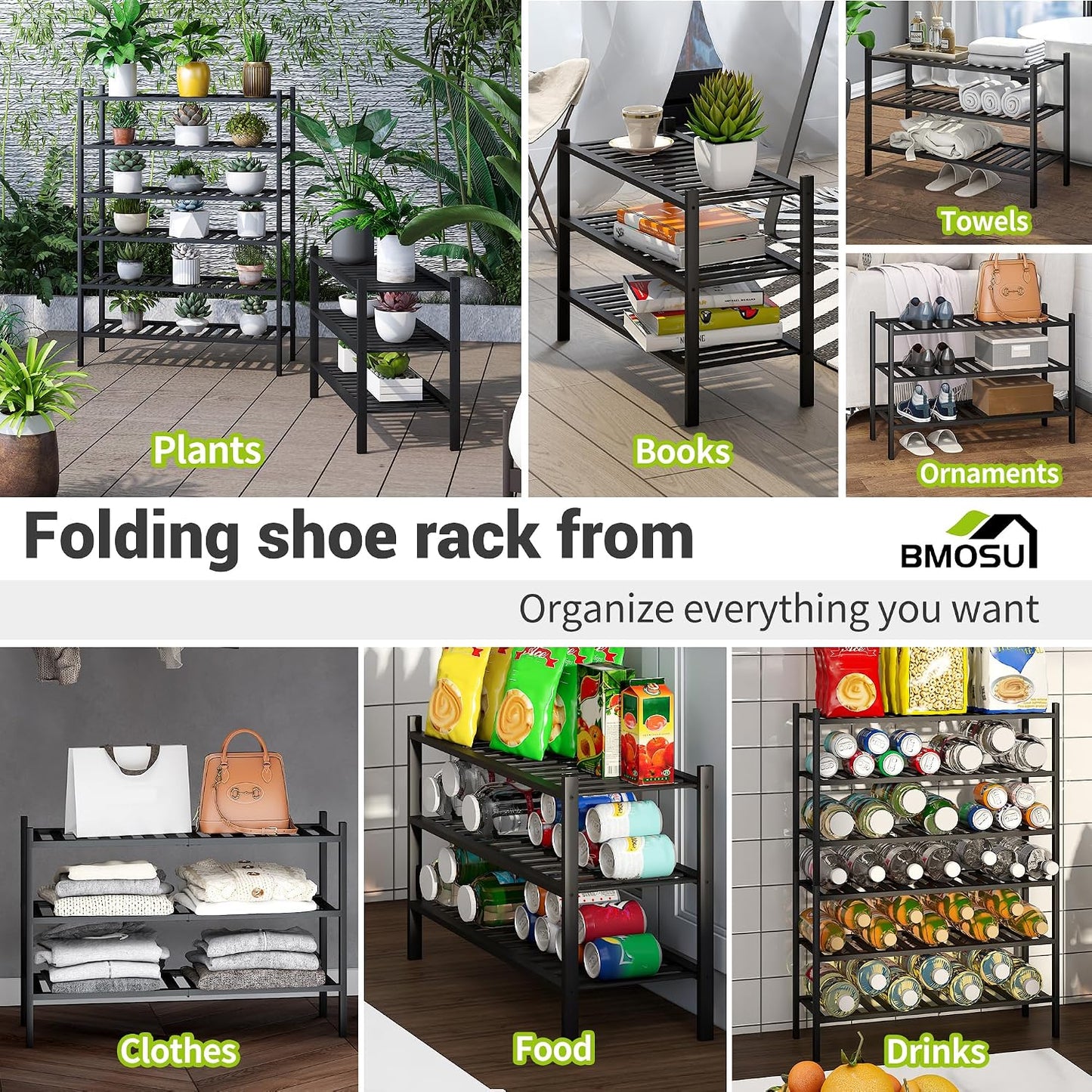 BMOSU 2-Tier Bamboo Small Shoe Rack Premium Stackable Shoe Shelf Storage Organizer for Hallway Closet Living Room Entryway Organizer (Black Bamboo)