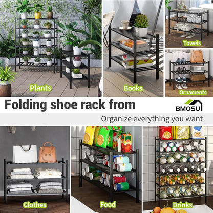 BMOSU 2-Tier Bamboo Small Shoe Rack Premium Stackable Shoe Shelf Storage Organizer for Hallway Closet Living Room Entryway Organizer (Black Bamboo)