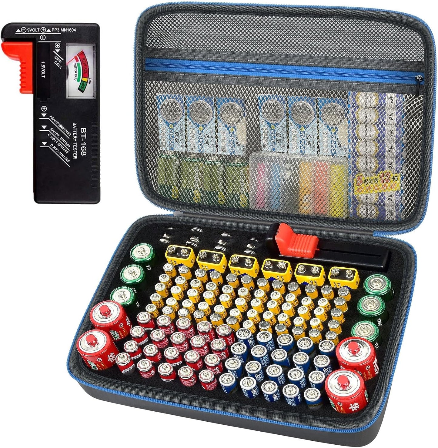 ALKOO 136+ Battery Organizer Storage Case with BT-168 Tester | AA AAA C D 9V & Button Cells Batteries Holder Box, Foam Protection, Home / Garage / Drawer Organization, Case Only, Red