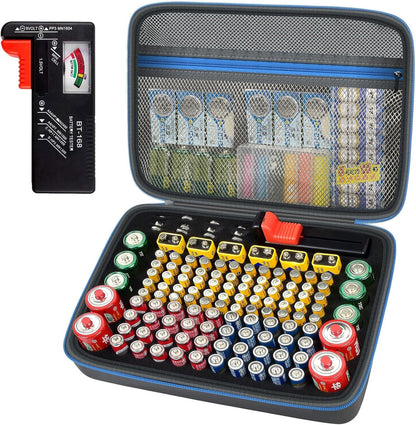 ALKOO 136+ Battery Organizer Storage Case with BT-168 Tester | AA AAA C D 9V & Button Cells Batteries Holder Box, Foam Protection, Home / Garage / Drawer Organization, Case Only, Red