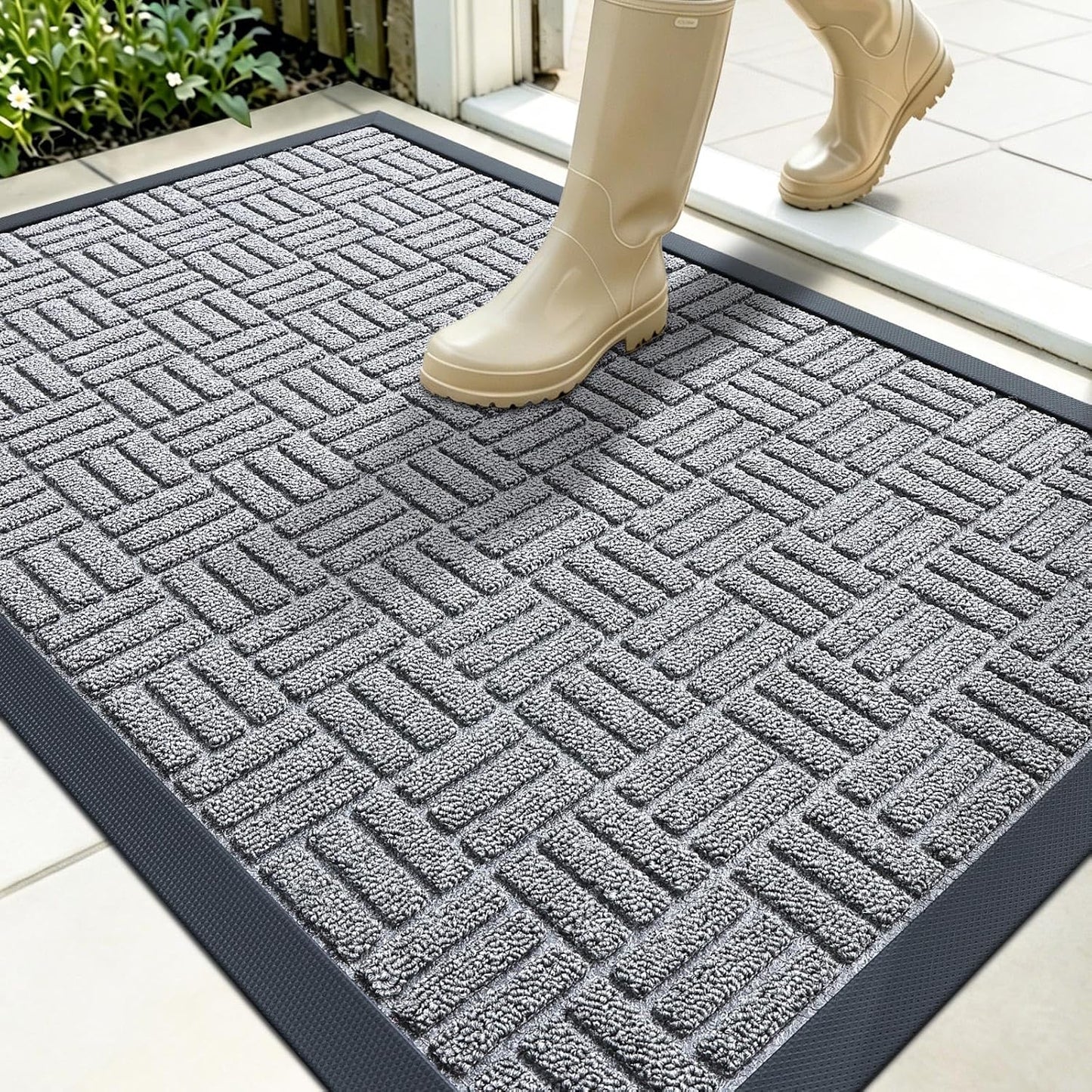 OLANLY Front Door Mat Outside Entrance 29.5x17, Absorbent, Heavy Duty Sturdy Natural Rubber Doormat Indoor Outdoor, Stain and Fade Resistant, Non-Slip Backing Low Profile Floor Mat for Entryway, Grey