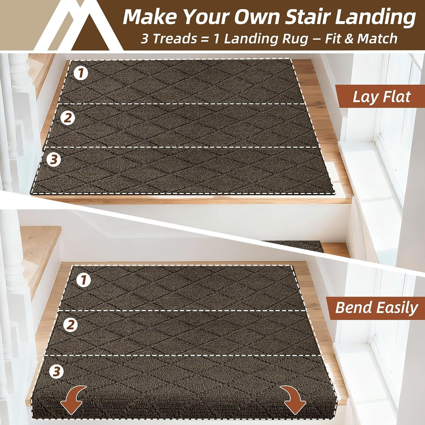 Self Adhesive Bullnose Carpet Stair Treads Non Slip,Grey,11"x30",3 Pack | Pet Friendly, Peel and Stick Stair Treads for Wooden Steps, Washable Stair Runner for Kids Elders, Edge Protection