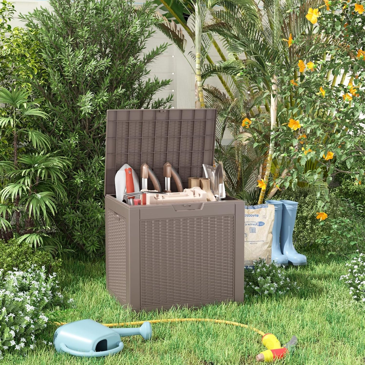 125Gal Outdoor Storage Box, Lockable Deck Box with Hydraulic Lid | Waterproof UV-resistant, Durable outdoor bin for patio cushions, pool accessories & garden tools. Keeps contents secure & dry