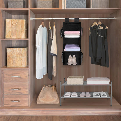 MAX Houser 3 Tier Shelf Hanging Closet Organizer, Space Saver,Closet Hanging Shelf with 2 Sturdy Hooks for Storage, Foldable (Grey)