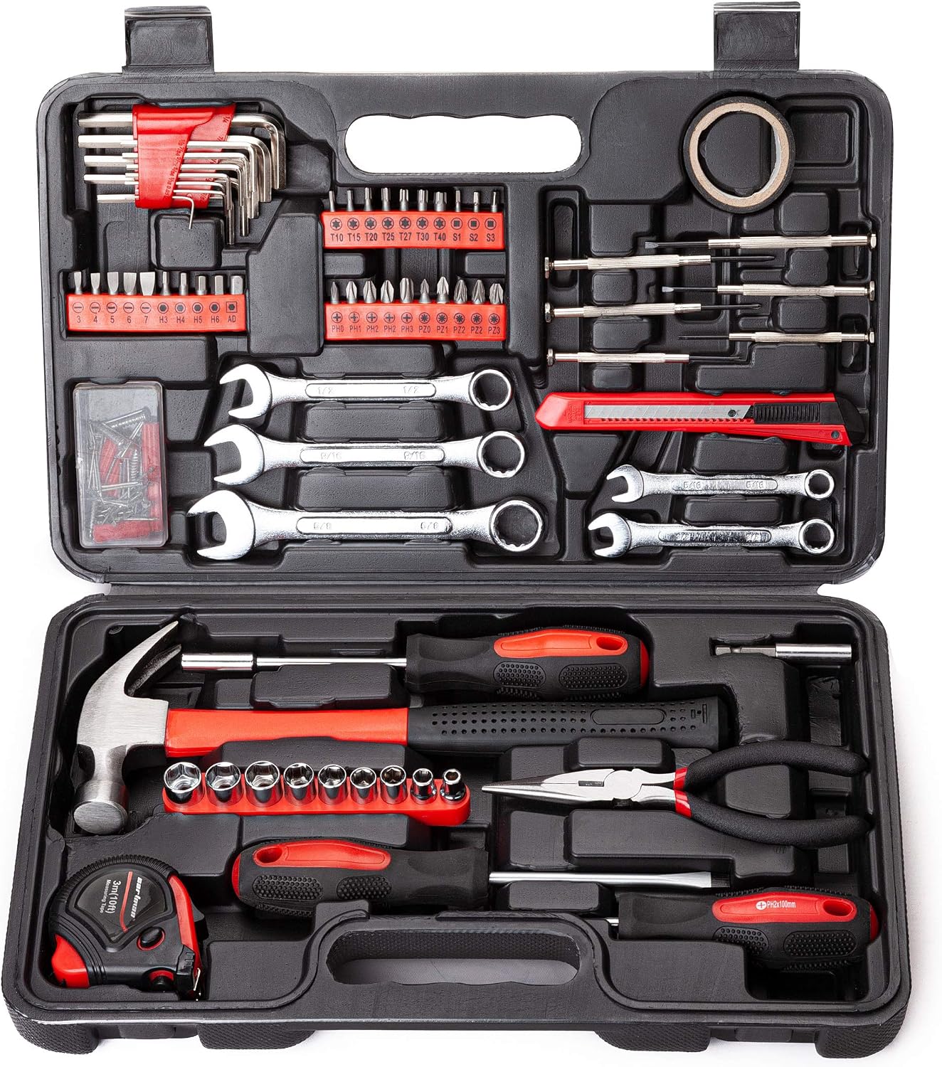 CARTMAN 148-Piece Automotive And Household Tool Set, Blue Repair Kit Case | Versatile tool assortment for car maintenance, home repairs, DIY projects, furniture setup, and daily fixes in a molded case.