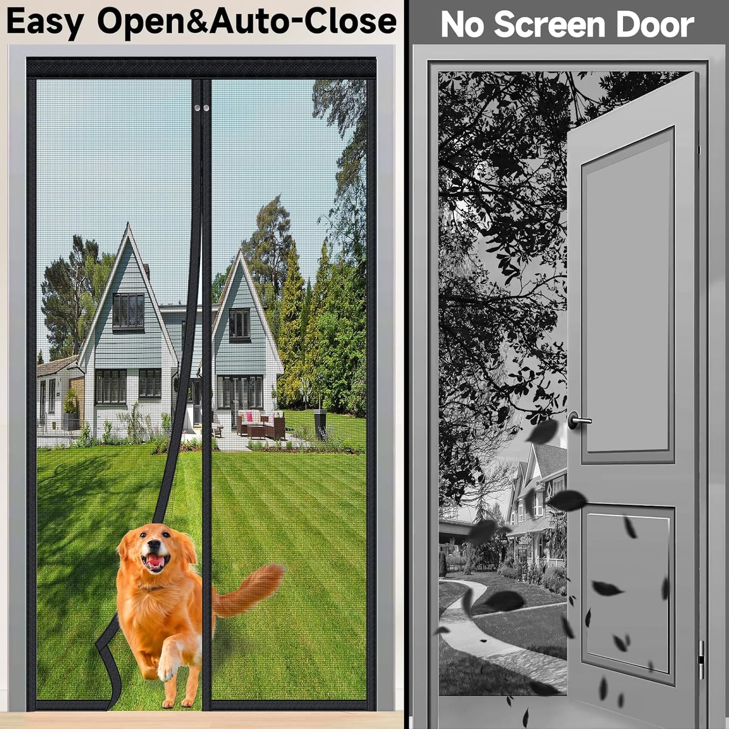 HOFUDON Upgraded Magnetic Screen Door Mesh, Full Strip Magnets, Heavy Duty Fiberglass Mesh, Door Screen Magnetic Closure for Single Door Size 32 x 80 Inch, Screen Door Size 35 x 82 Inch Black
