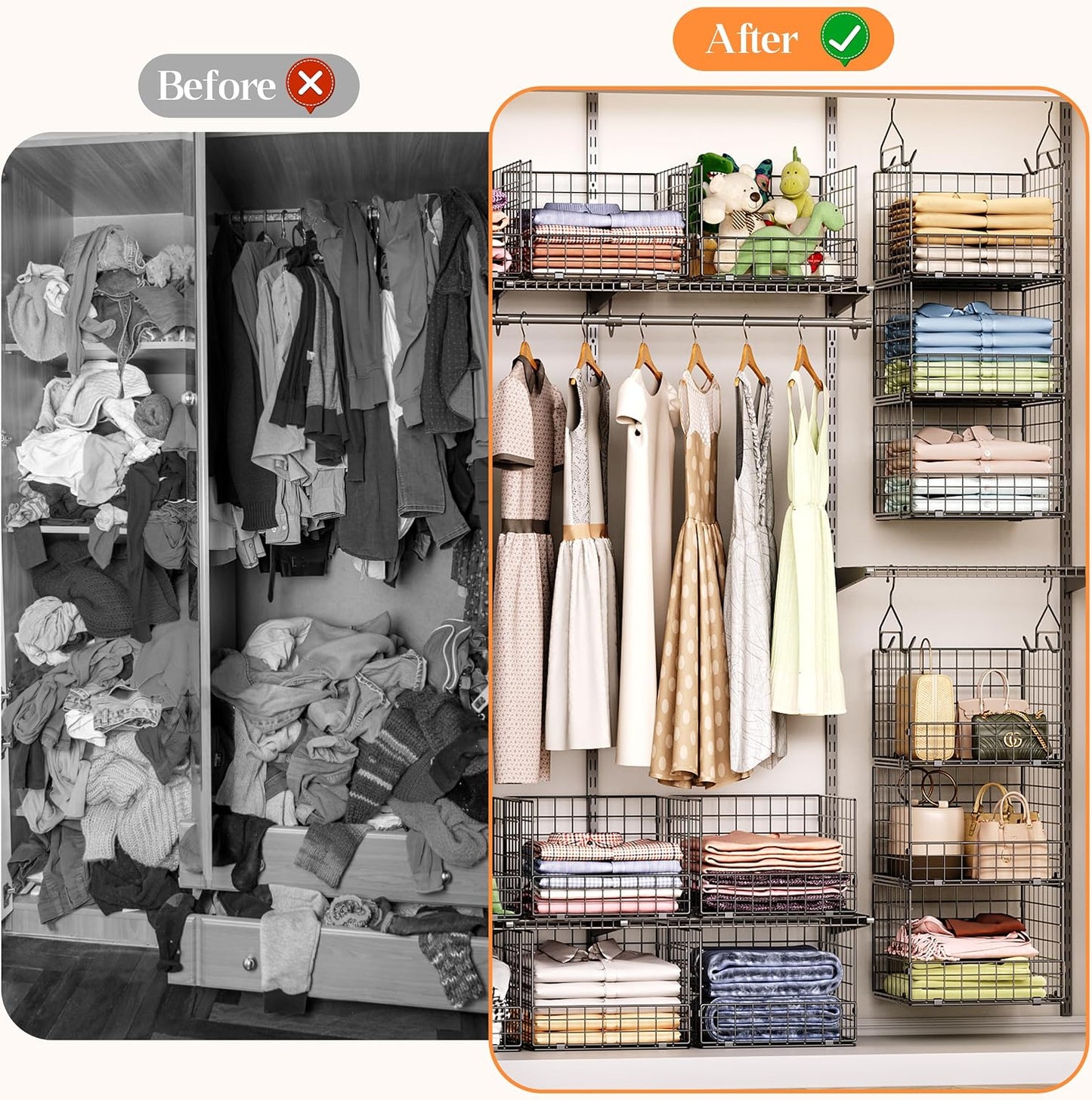 Sonyabecca 3-Tier Hanging Closet Organizers and Storage, Foldable Stackable Wire Basket Bins with 5 S Hooks, Space-Saving Hanging Closet Shelf for Clothing, Sweaters, Handbags, Hats,Purse
